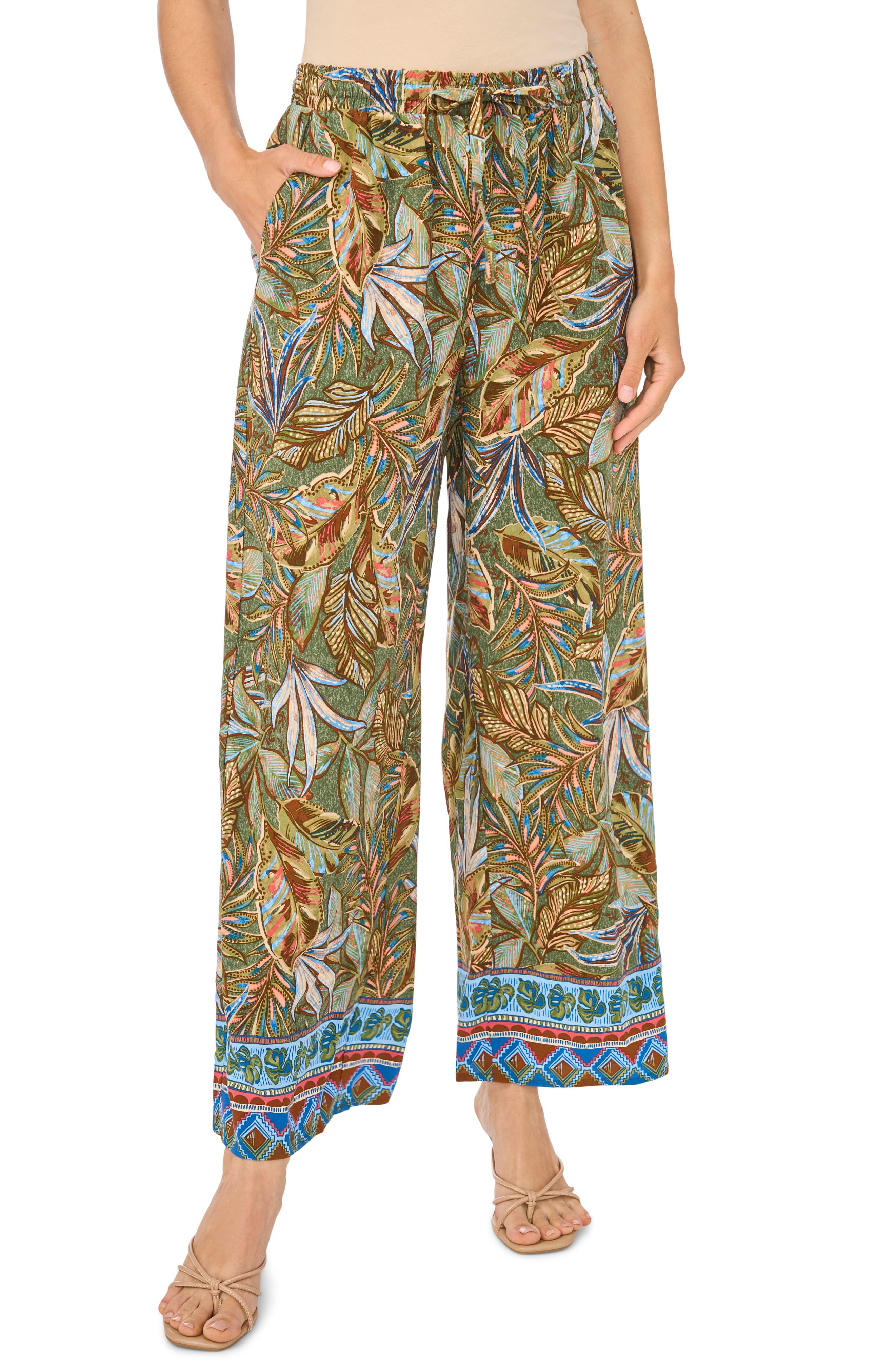 Tropical Print Drawstring Wide Leg Pants