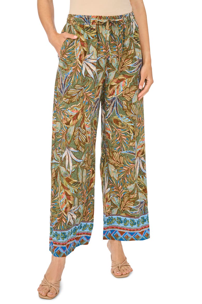 Tropical Print Drawstring Wide Leg Pants, Main, color, CLOVER