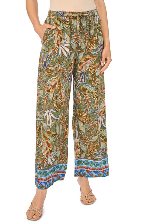 Tropical Print Drawstring Wide Leg Pants