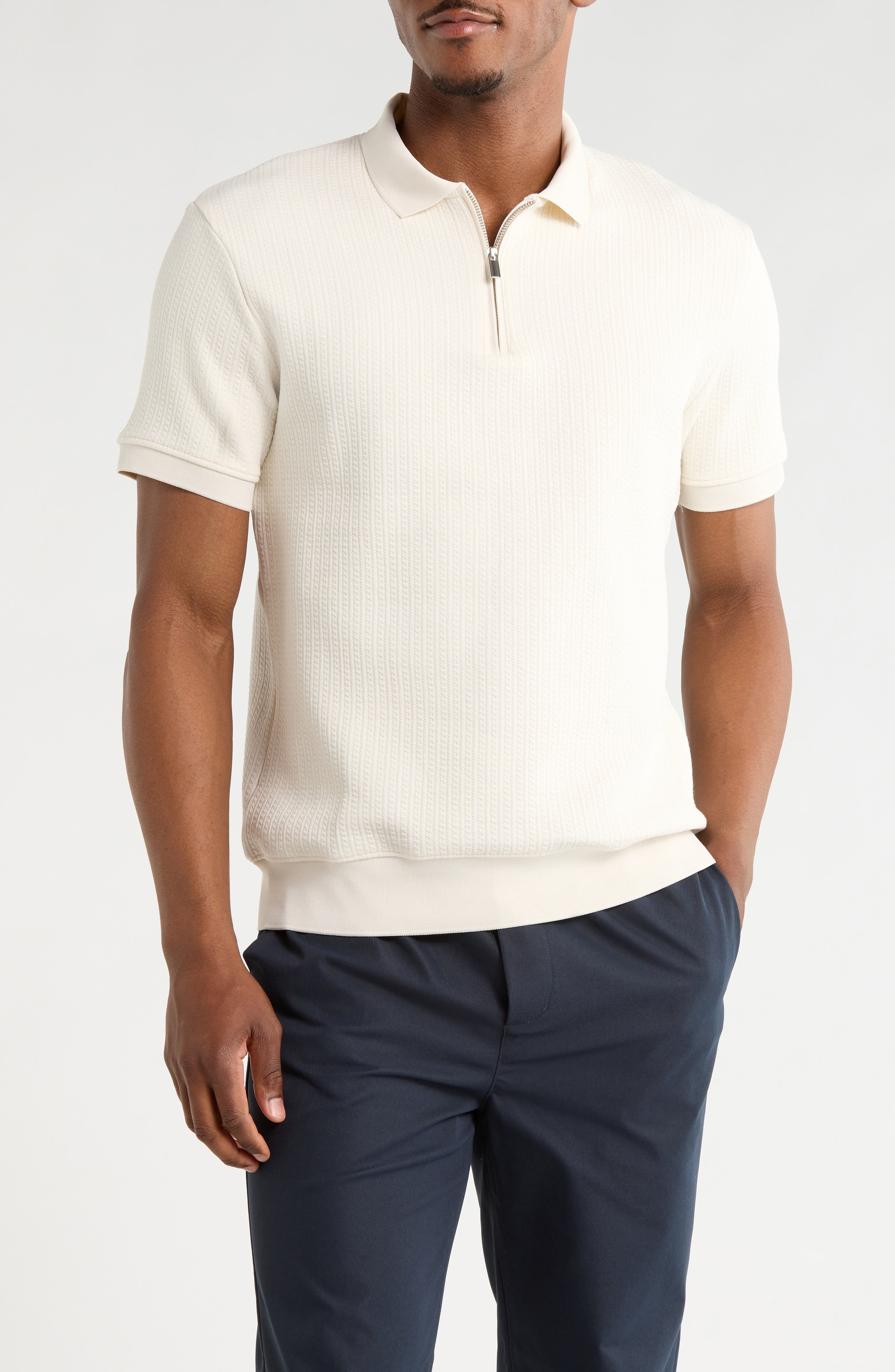 DENIM AND FLOWER Quarter Zip Textured Knit Polo