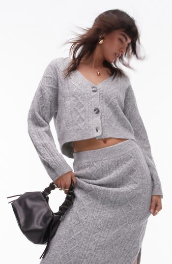 Topshop Cable Crop Cardigan In Grey