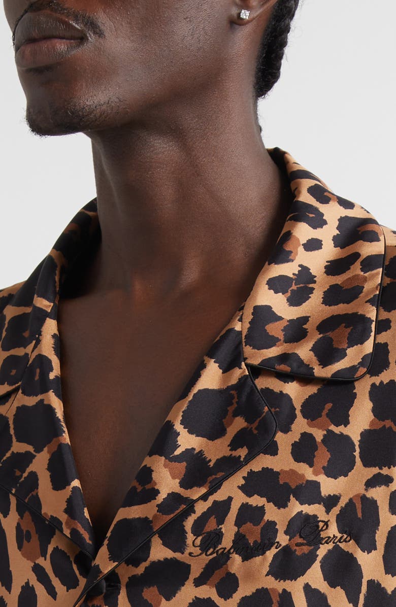 Balmain Leopard Print Silk Button-Up Pyjama Shirt, Alternate, color, Gba Beige/ Black