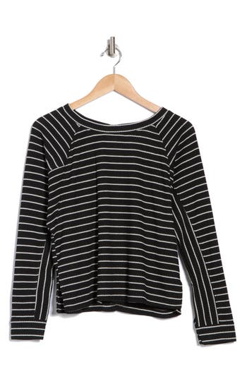 Shop Adrianna Papell Stripe Long Sleeve Textured Knit Top In Black/ivory