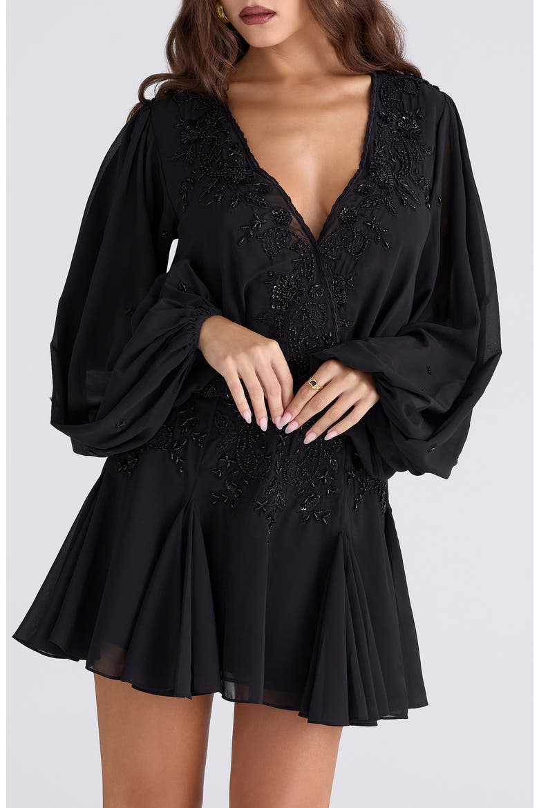 Gianna Beaded Godet Long Sleeve Minidress, Alternate, color, BLACK