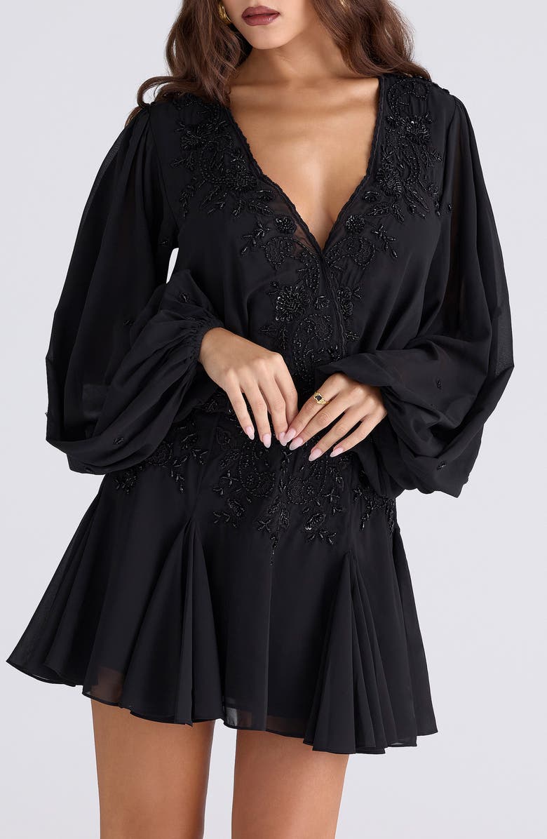 HOUSE OF CB Gianna Beaded Godet Long Sleeve Minidress, Alternate, color, Black