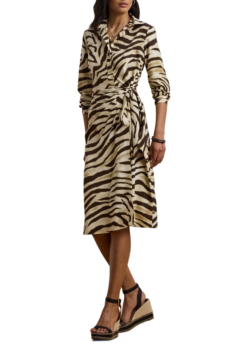 Lauren Ralph Lauren Zebra Print Tie Waist Long Sleeve Crepe Shirtdress, Main, color, Cream/ Brown