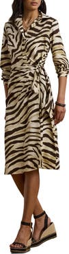 Lauren Ralph Lauren Zebra Print Tie Waist Long Sleeve Crepe Shirtdress