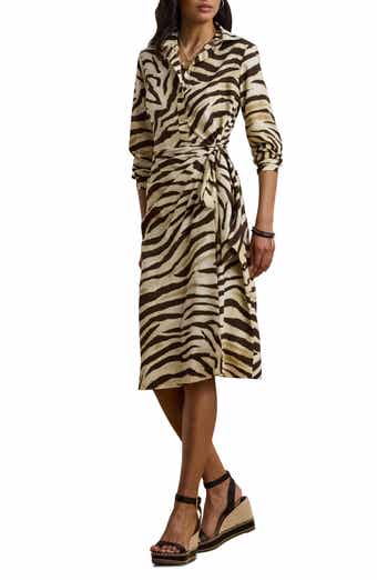 Lauren Ralph Lauren Zebra Print Tie Waist Long Sleeve Crepe Shirtdress