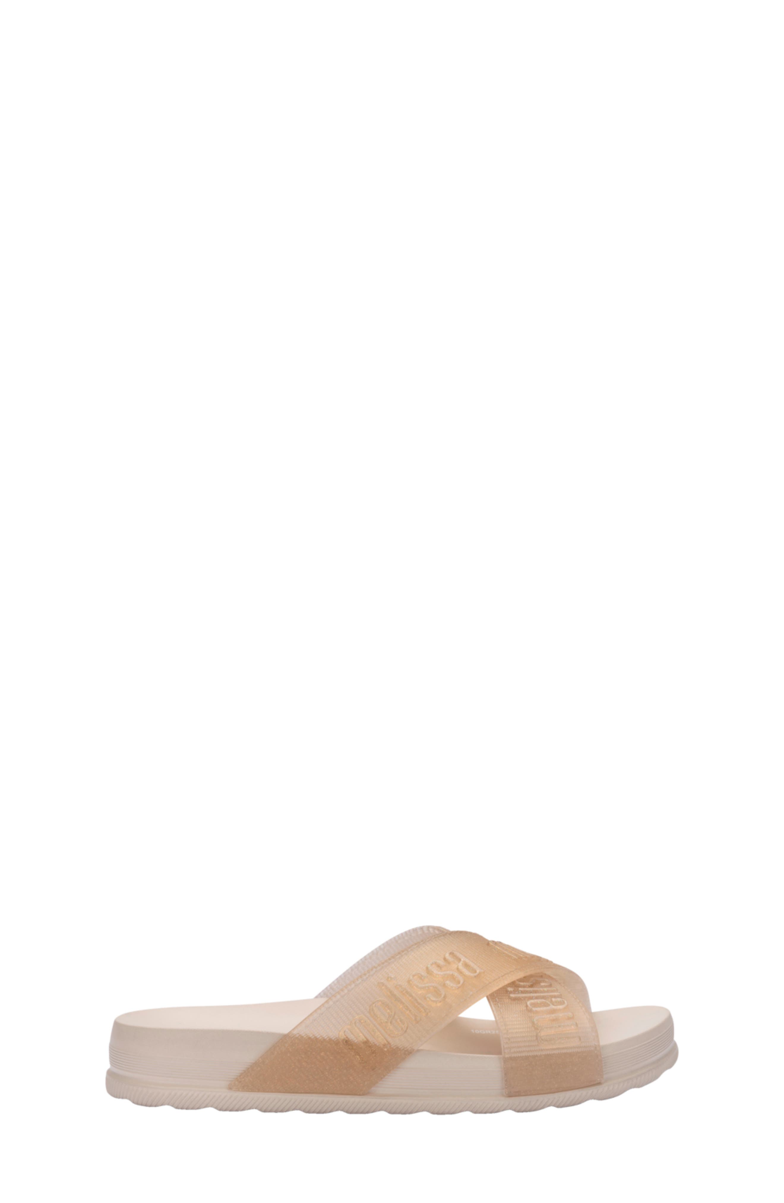 Mini Melissa Kids' Cozy Cross Strap Slide Sandal, Alternate, color, Beige/ Glitter