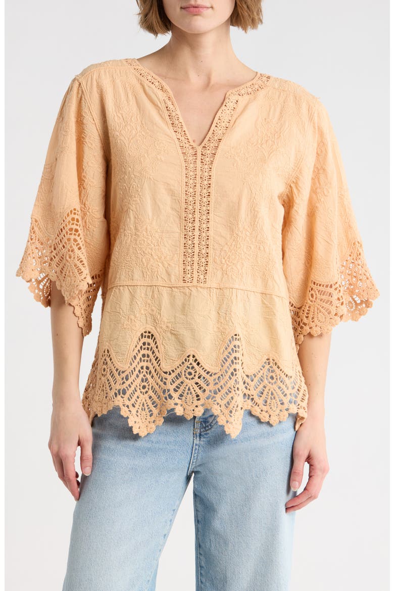 Crochet Cotton Peplum Top, Main, color, PEACH PUREE