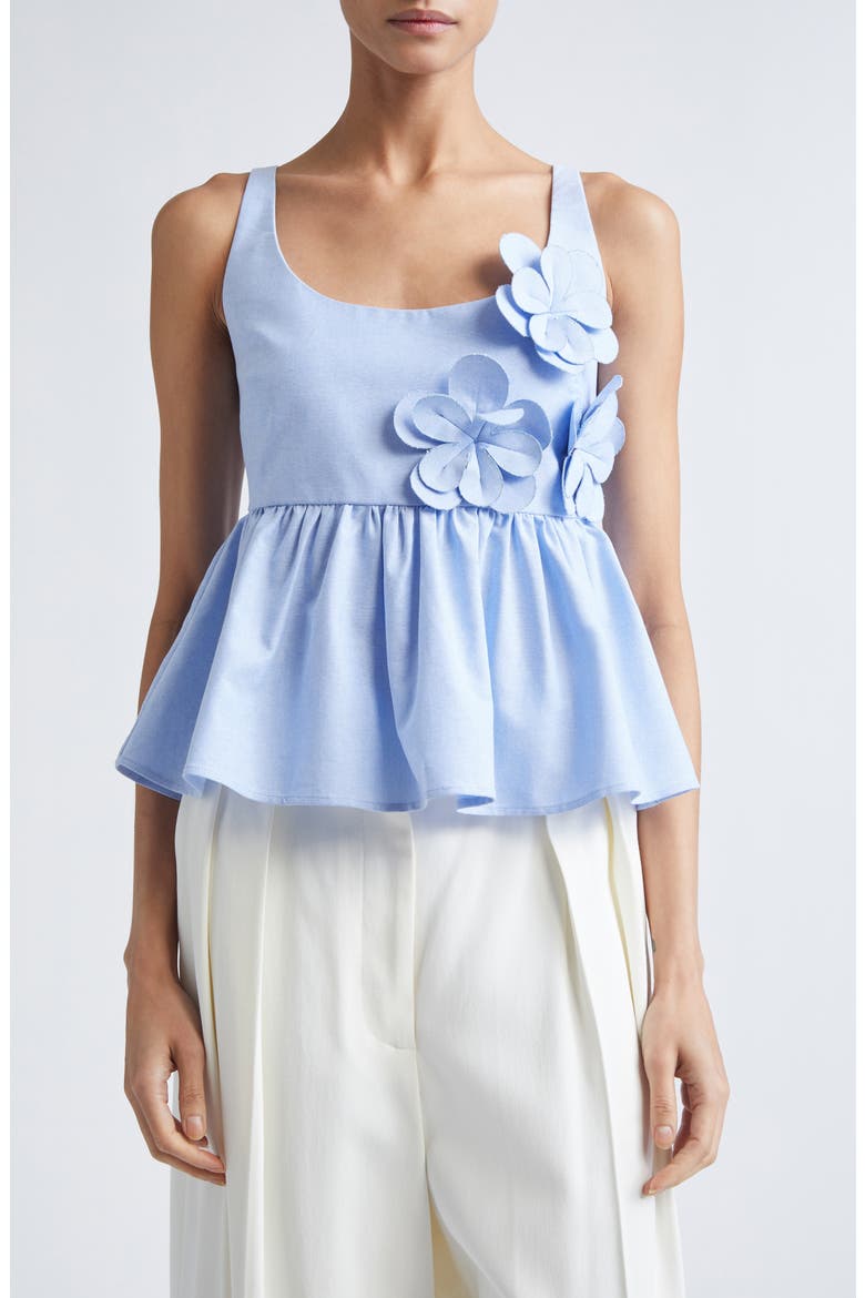 3D Flower Sleeveless Organic Cotton Peplum Top, Main, color, BRUNNERA BLUE