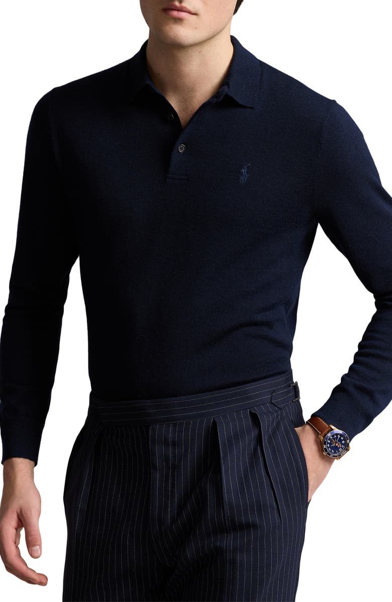 Polo Ralph Lauren Long Sleeve Wool Polo Sweater, Main, color, Hunter Navy