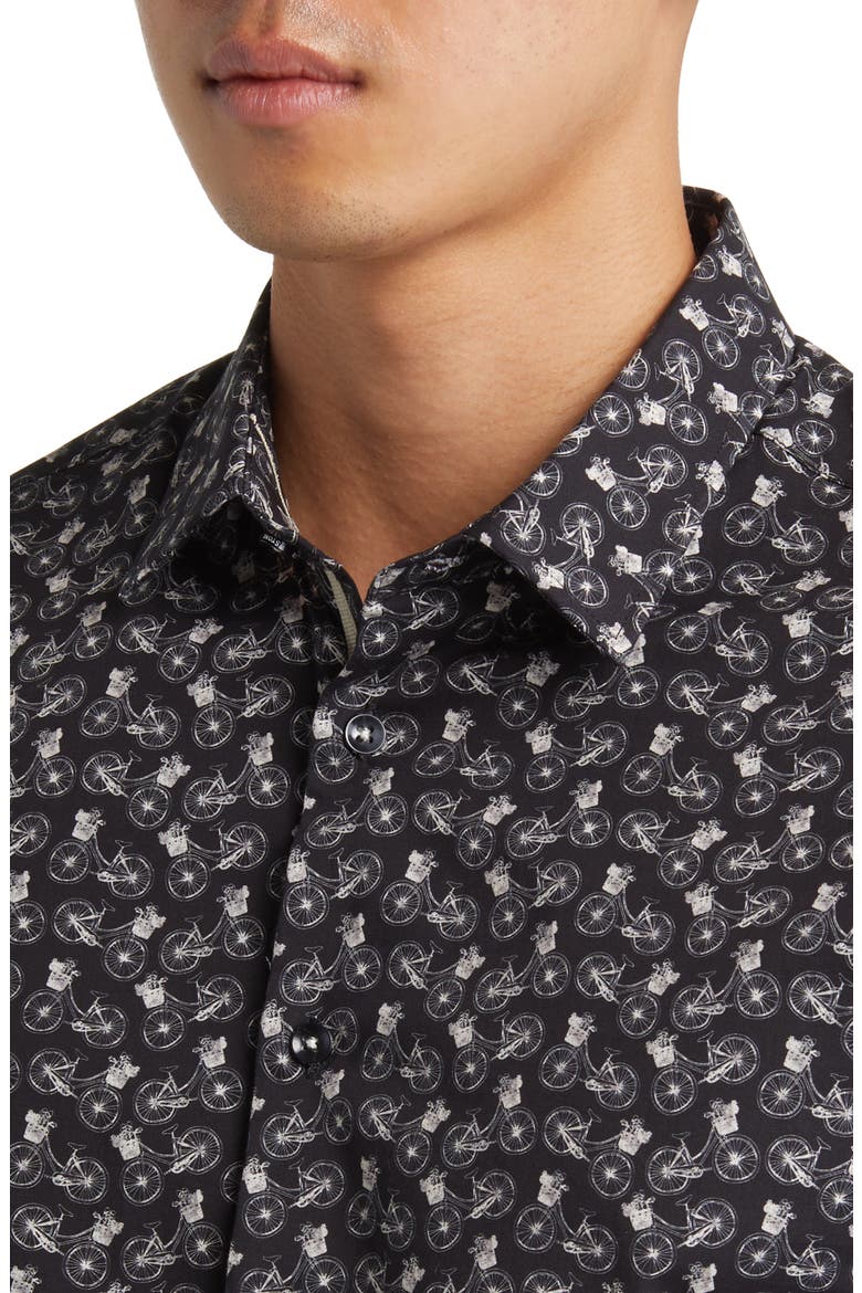 Bicycle Print Stretch Cotton Button-Up Shirt, Alternate, color, BLACK