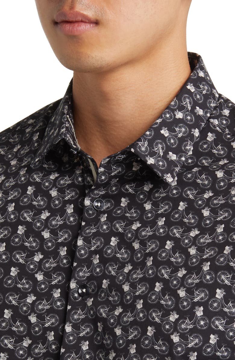 Stone Rose Bicycle Print Stretch Cotton Button-Up Shirt, Alternate, color, Black