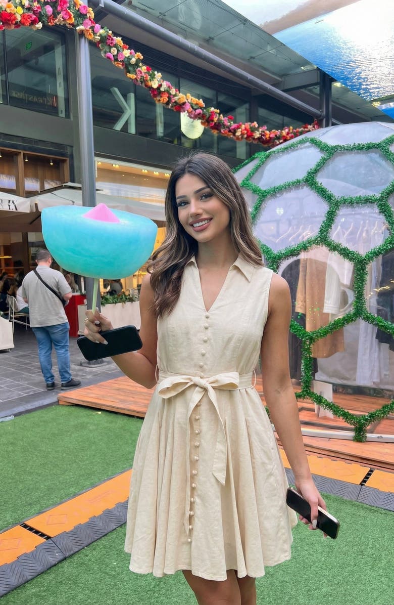 Modenaire Sleeveless Fit-and-Flare Button-Front Dress, Alternate, color, Beige