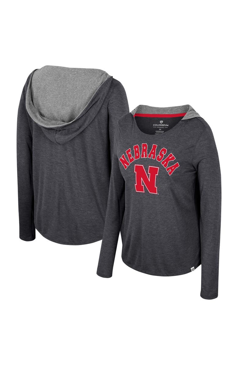 COLOSSEUM Women's Colosseum  Black Nebraska Huskers Distressed Heather Long Sleeve Hoodie T-Shirt, Main, color, 