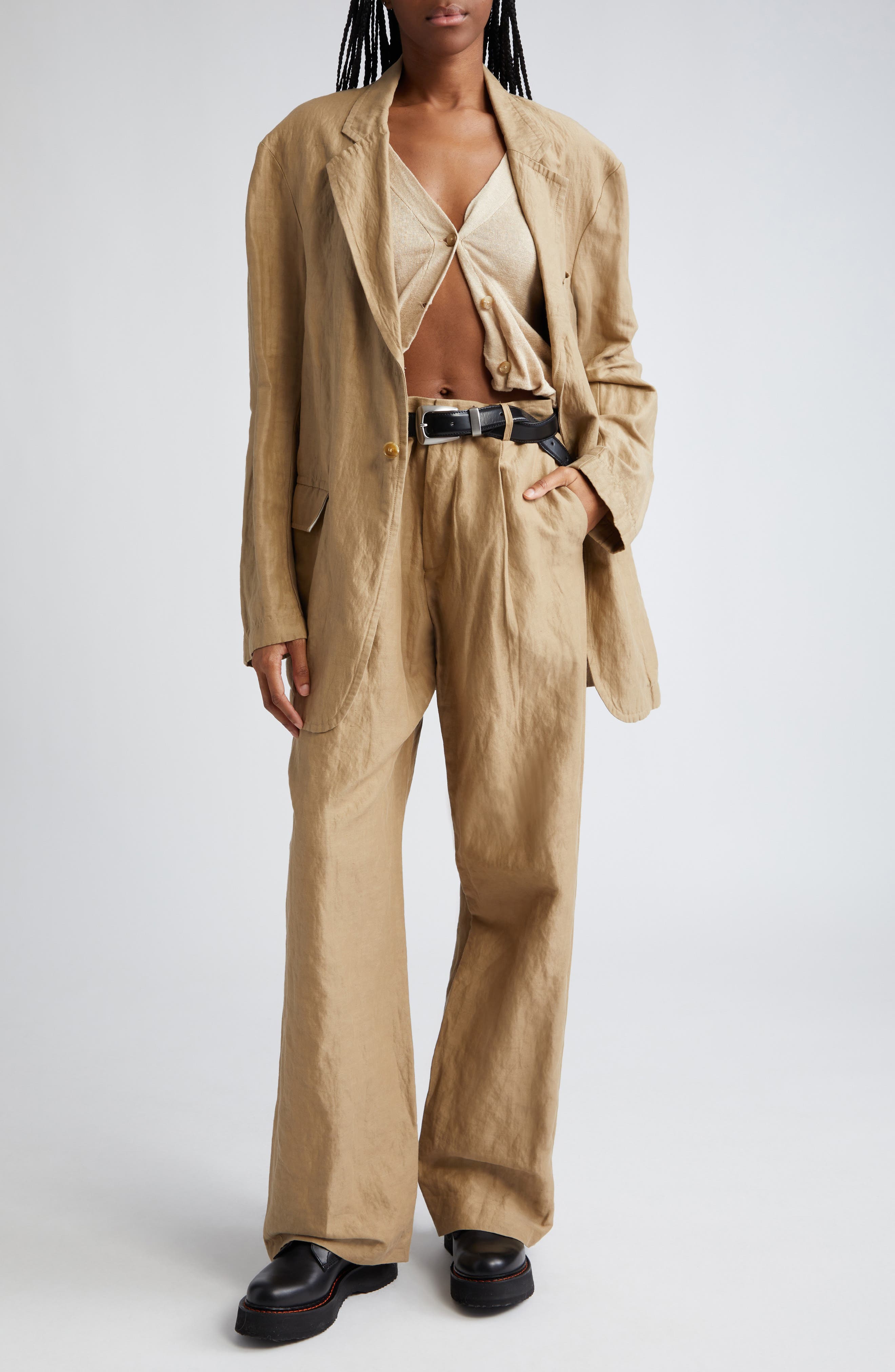 Pleated Wide Leg Linen Blend Trousers - image 2