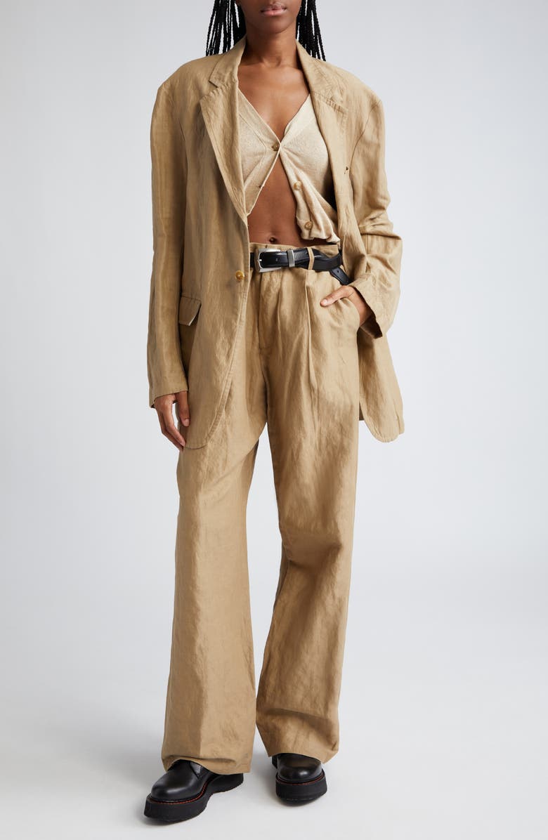 R13 Pleated Wide Leg Linen Blend Trousers, Alternate, color, Khaki