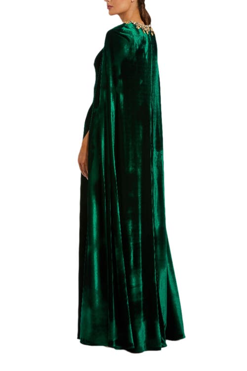 Mac Duggal Cape Gown With Embellished Neckline In Green