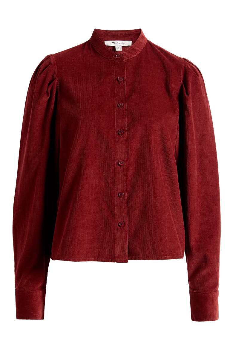 Puff Sleeve Corduroy Button-Up Shirt, Alternate, color, DEEP REDWOOD