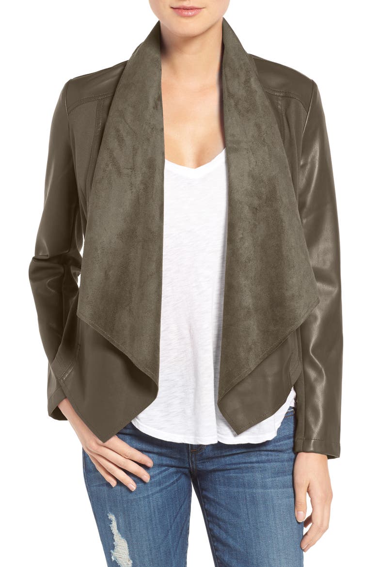 'Ana' Faux Leather Drape Front Jacket, Main, color, OLIVE