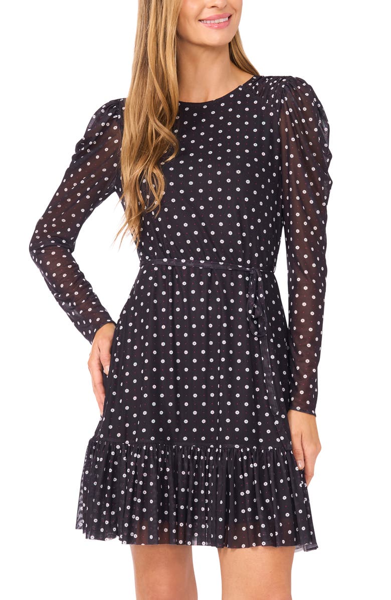 CeCe Floral Print Long Sleeve Minidress, Alternate, color, Rich Black