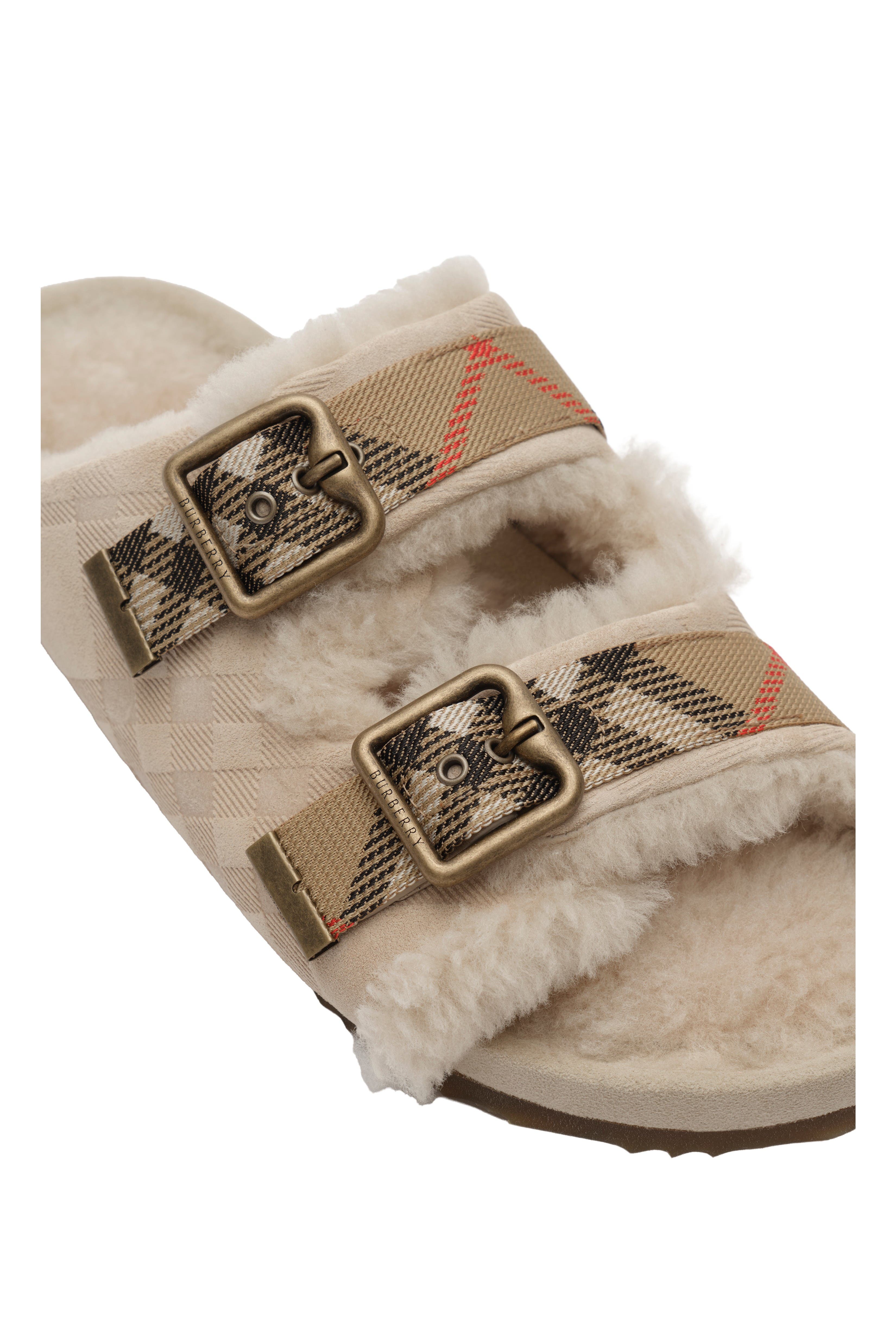 Burberry Check Shearling Urchin Sandals, Alternate, color, Blonde Beige