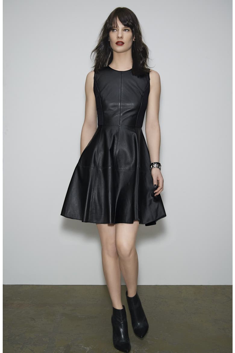 Back Zip Leather & Ponte Dress, Alternate, color, BLACK