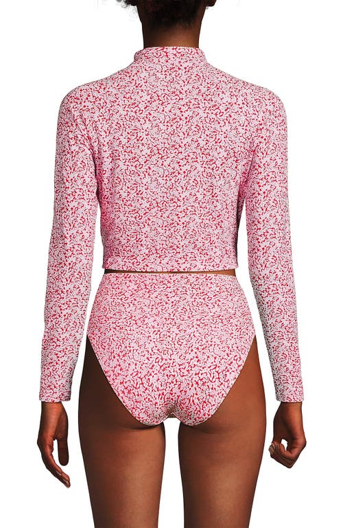 Lands' End Long Sleeve Mock Neck Cropped Upf 50 Sun Protection Rash Guard In Coral Rose/white Ditsy Lilies