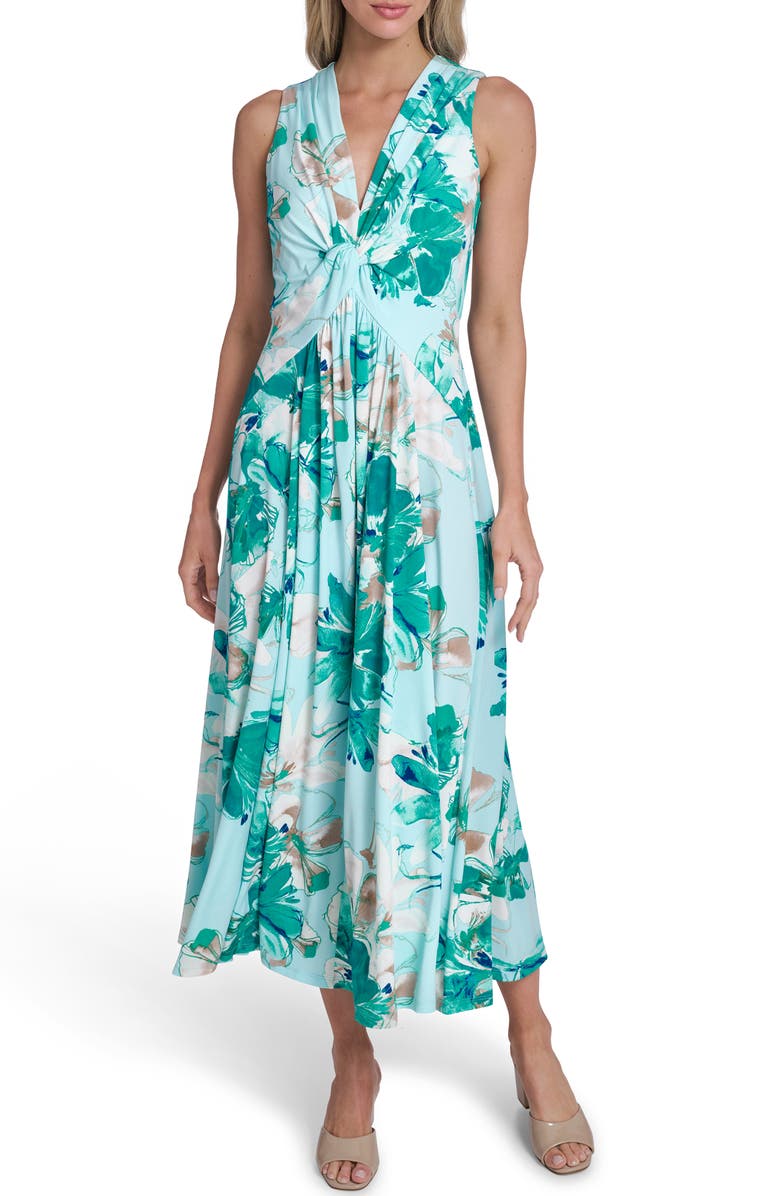 Calvin Klein Twist and Drape Maxi Dress, Main, color, Seaspray/ Petrol Multi