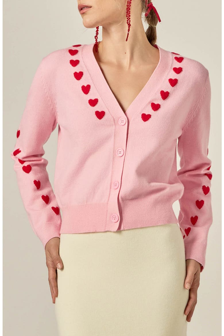 Heart V-Neck Crop Cardigan, Main, color, PINKRED