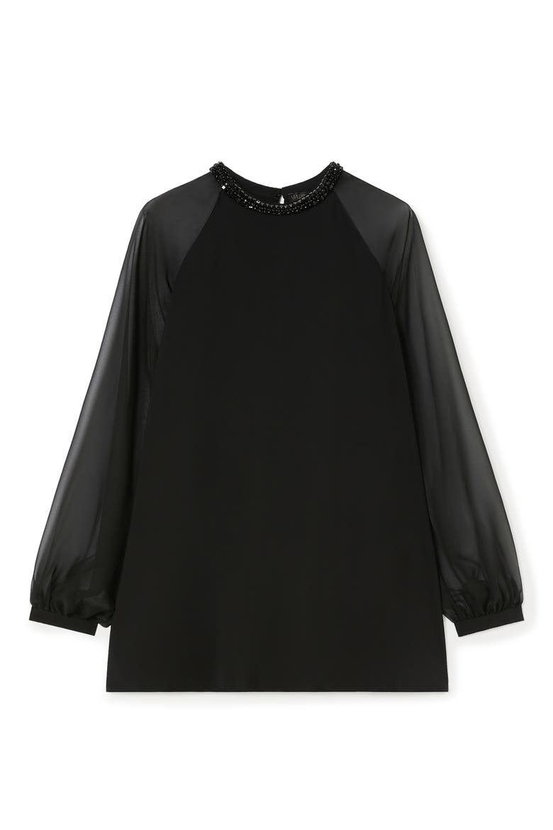Cambusa Bead Neckline Sheer Sleeve Cady Top, Alternate, color, BLACK