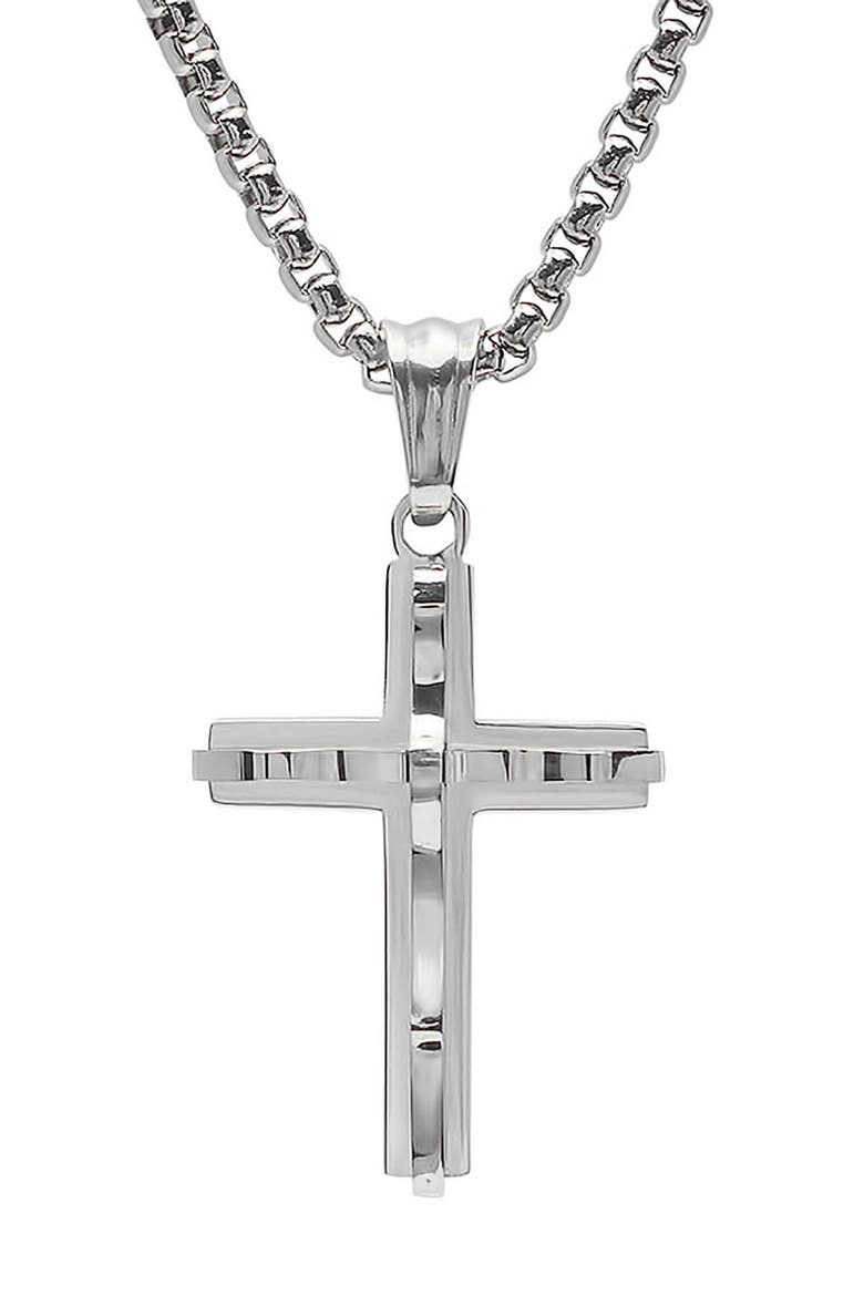 Men's Double Layered Cross Pendant Necklace, Main, color, SILVER