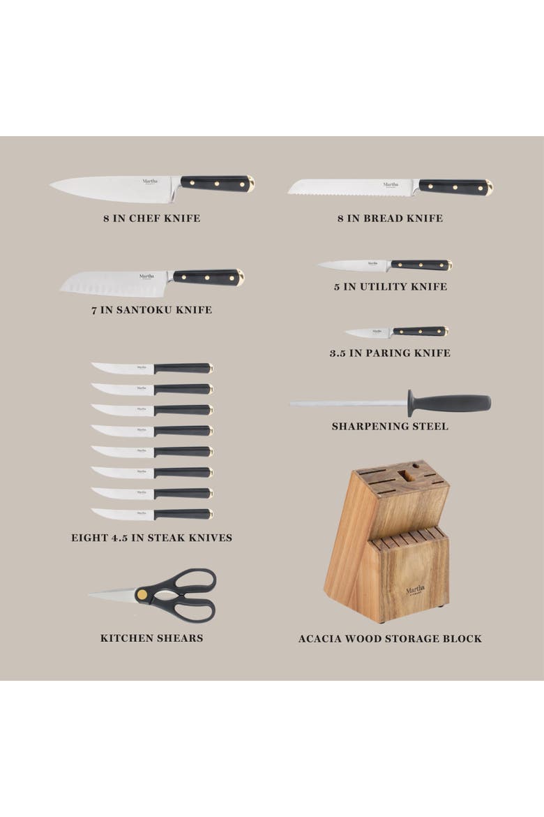 Lockton 16-Piece High-Carbon Stainless Steel Knife Block Set with Acacia Wood Block, Alternate, color, Black/Gold