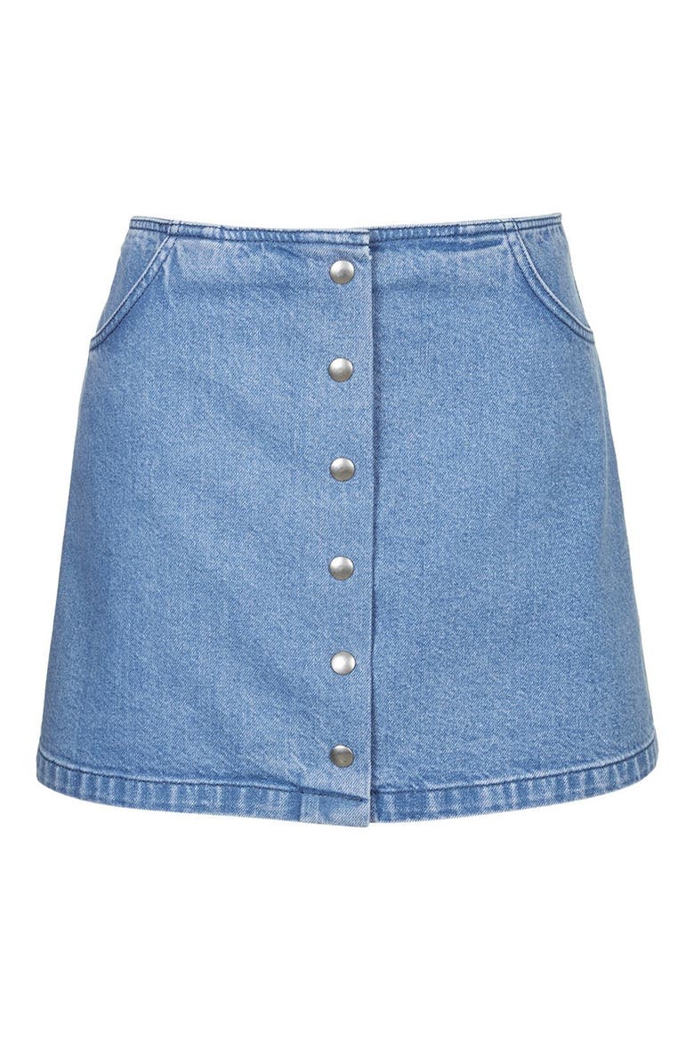 Moto Snap Front Denim Skirt, Alternate, color, BLUE