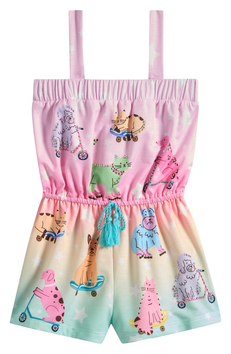 Truly Me Kids' Dogs & Cats Print Romper, Main, color, Pink