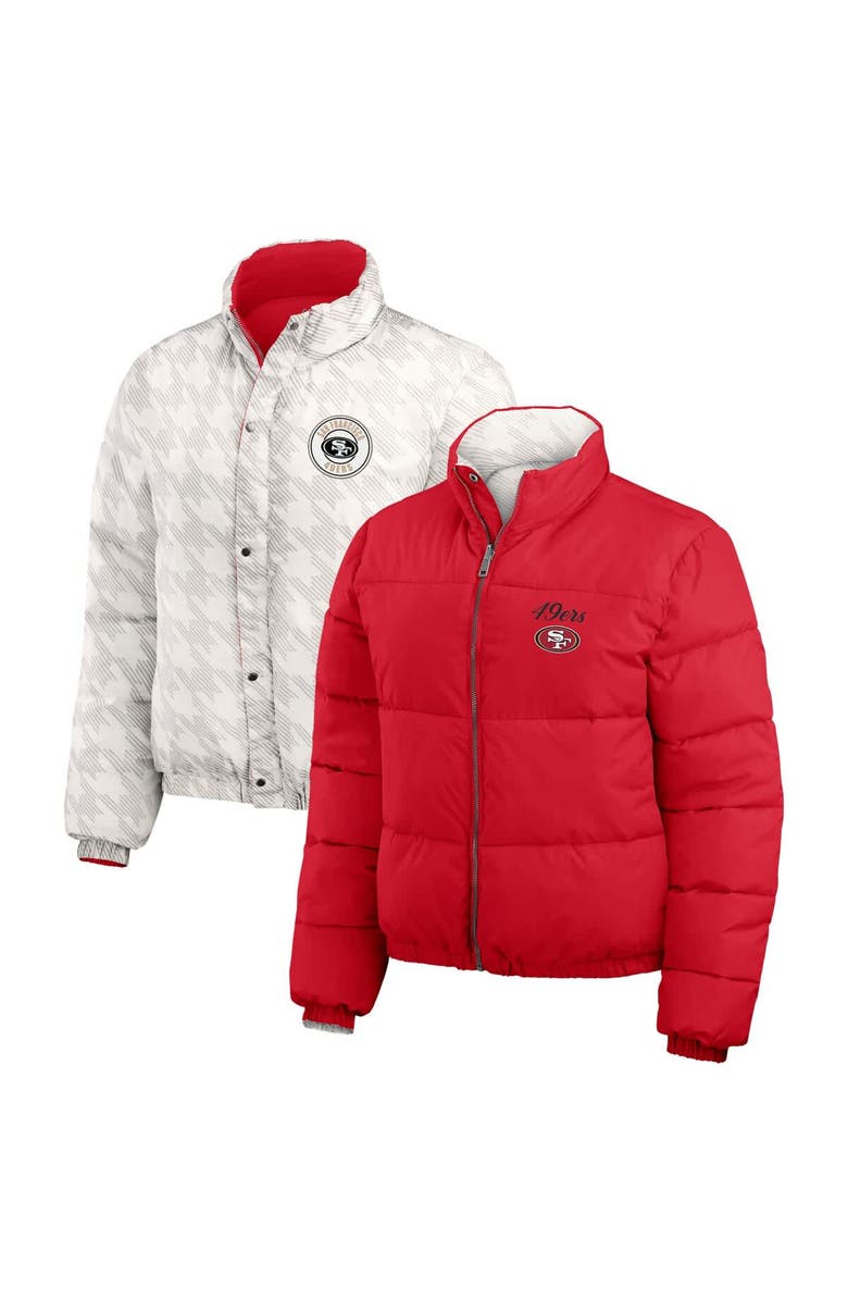 WEAR by Erin Andrews Women's WEAR by Erin Andrews  Scarlet/White San Francisco 49ers Reversible Cropped Full-Zip Puffer Jacket, Main, color, 