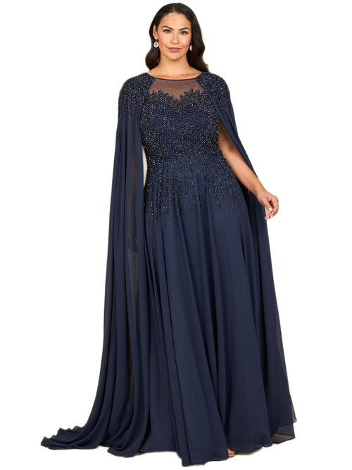 Lara New York Chiffon A-line Long Gown With Long Cape Sleeves In Blue