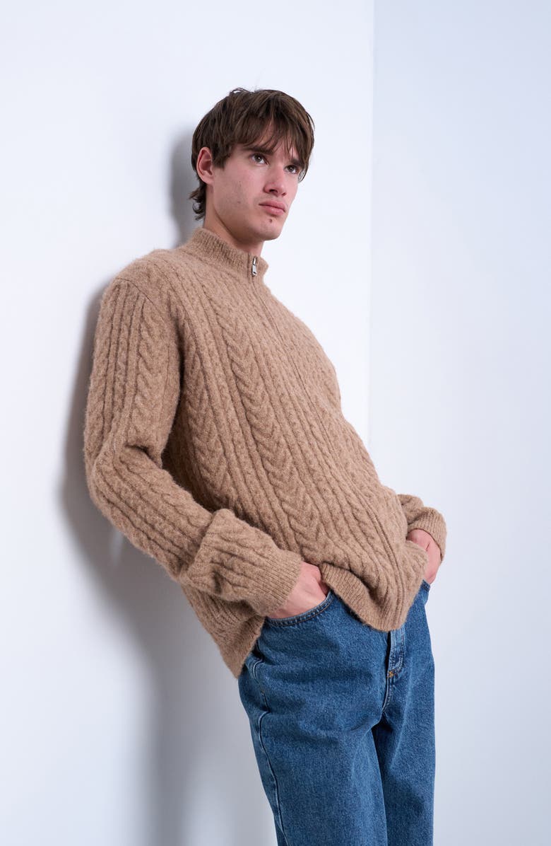 Topman Cable Knit Zip Cardigan, Alternate, color, Tan