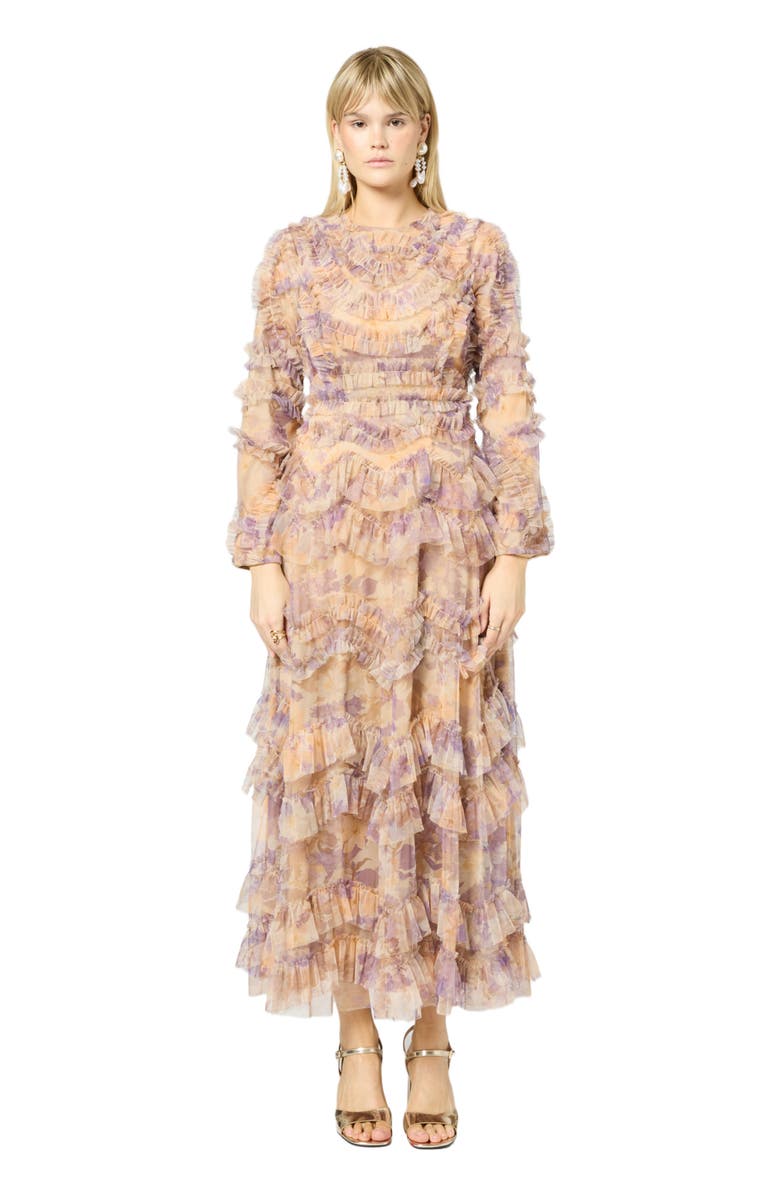 MARYISA Occasion Modest Ruffle Floral Print Evening Dress, Main, color, Multicolor