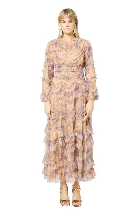 Occasion Modest Ruffle Floral Print Evening Dress