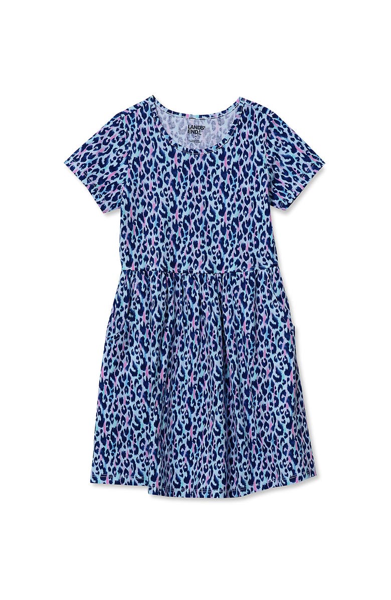 Lands' End Girls Short Sleeve Gathered Waist Jersey Dress, Main, color, Leopard/Black