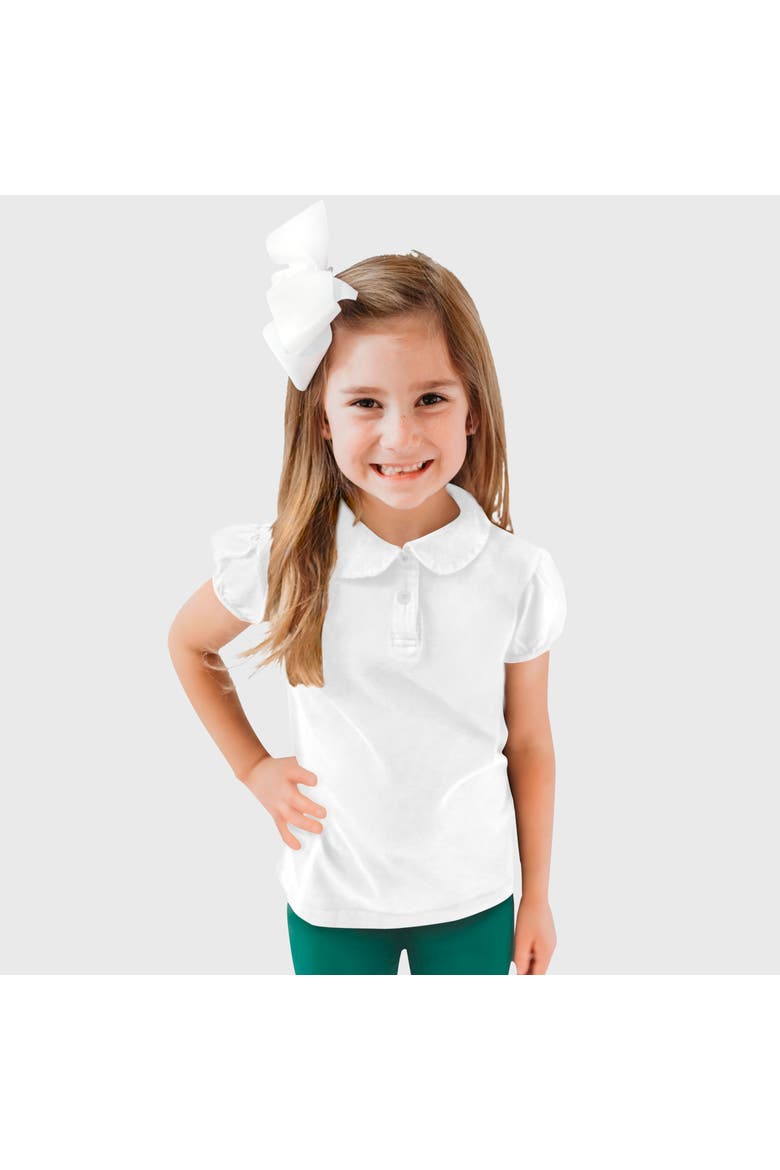 Girls 100% Cotton Puff Short Sleeve Polo Tee with Peter Pan Collar, Main, color, White