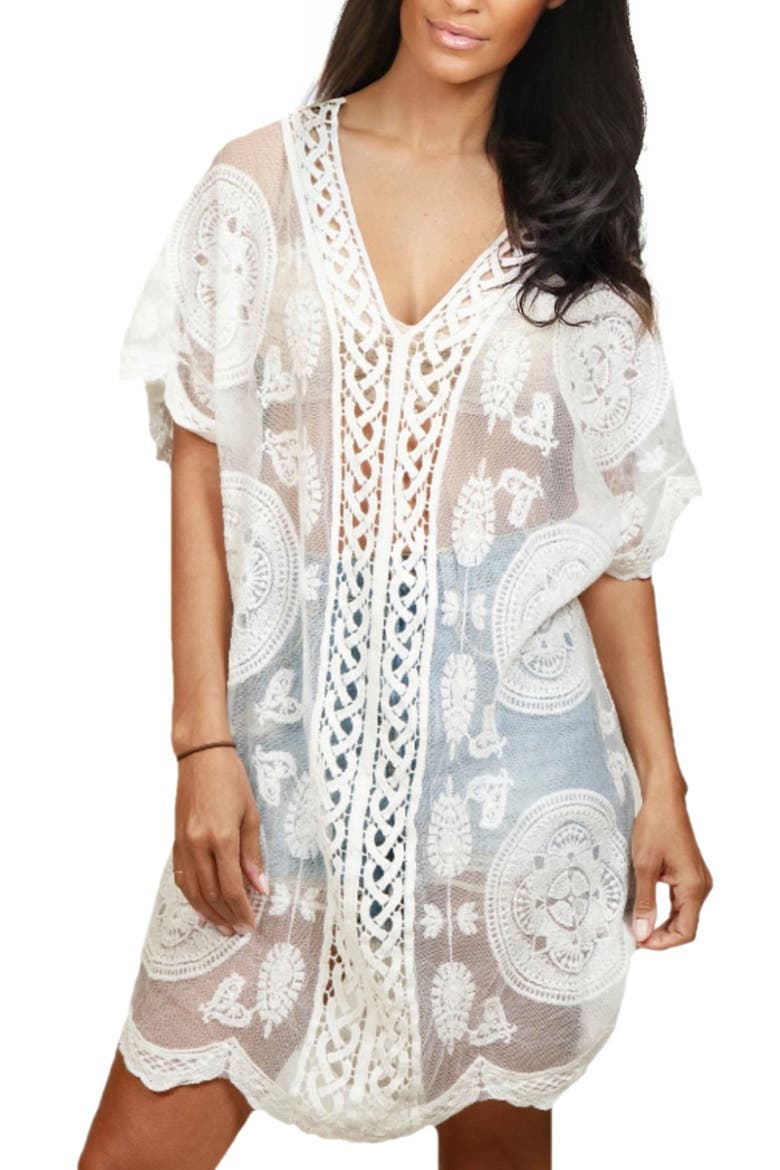 Mesh Embroidered Tunic Top, Main, color, IVORY