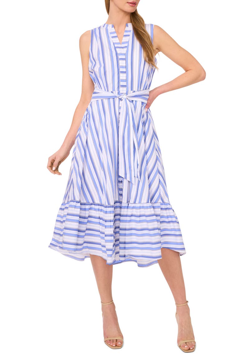 Tie Front Stripe Stretch Cotton Blend Midi Sundress, Main, color, BRIGHT WHITE/ BLUE