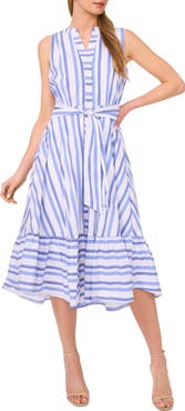 Halogen® Tie Front Stripe Stretch Cotton Blend Midi Sundress