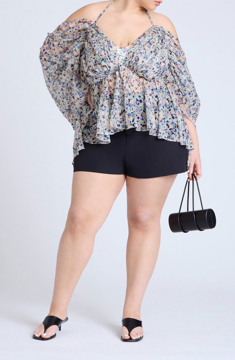 ELOQUII Dramatic Print Off the Shoulder Chiffon Halter Top, Alternate, color, 