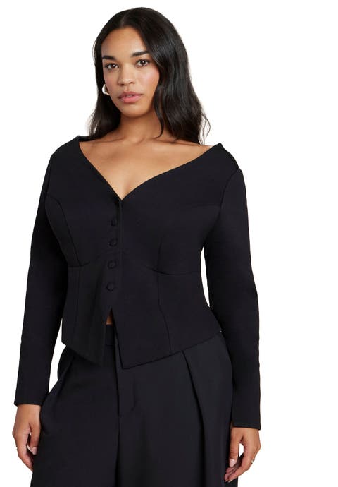 Button Up Wide Neck Top (Plus)