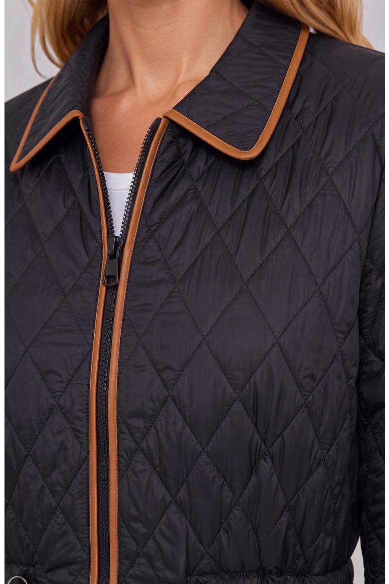 Faux Leather Trim Quilted Coat with Cinch Waist, Alternate, color, BLACK