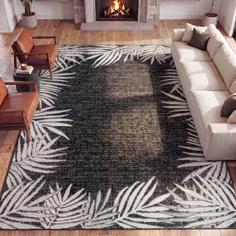 Isla Coastal Cottage Palm Frond Border Indoor/Outdoor Area Rug